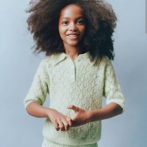 Zara girls 6-7 mint pastel green collared knit vintage style wool alpaca pointel